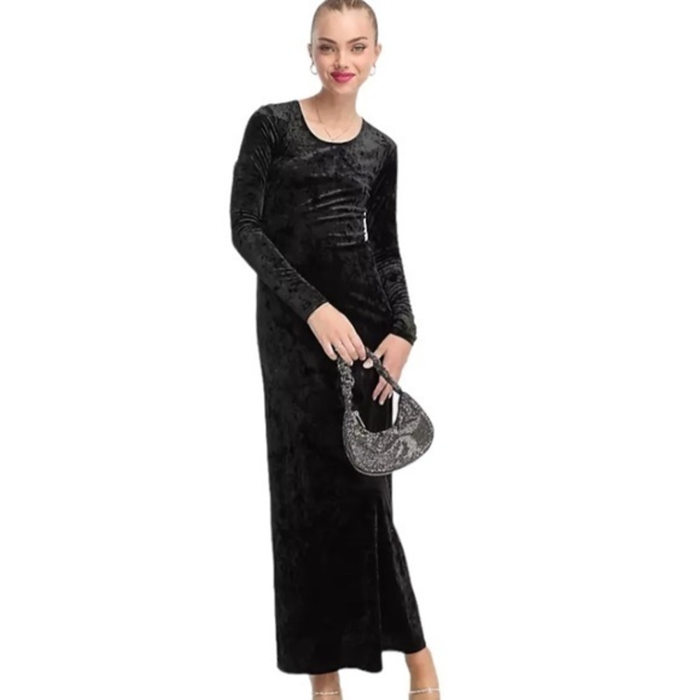 Long Black Dress XL 16/18 Crushed Velour Round Neck Long Sleeve New Visions